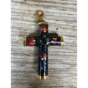 Cloisonné Cross Pendant With Floral Design & Gold Trim